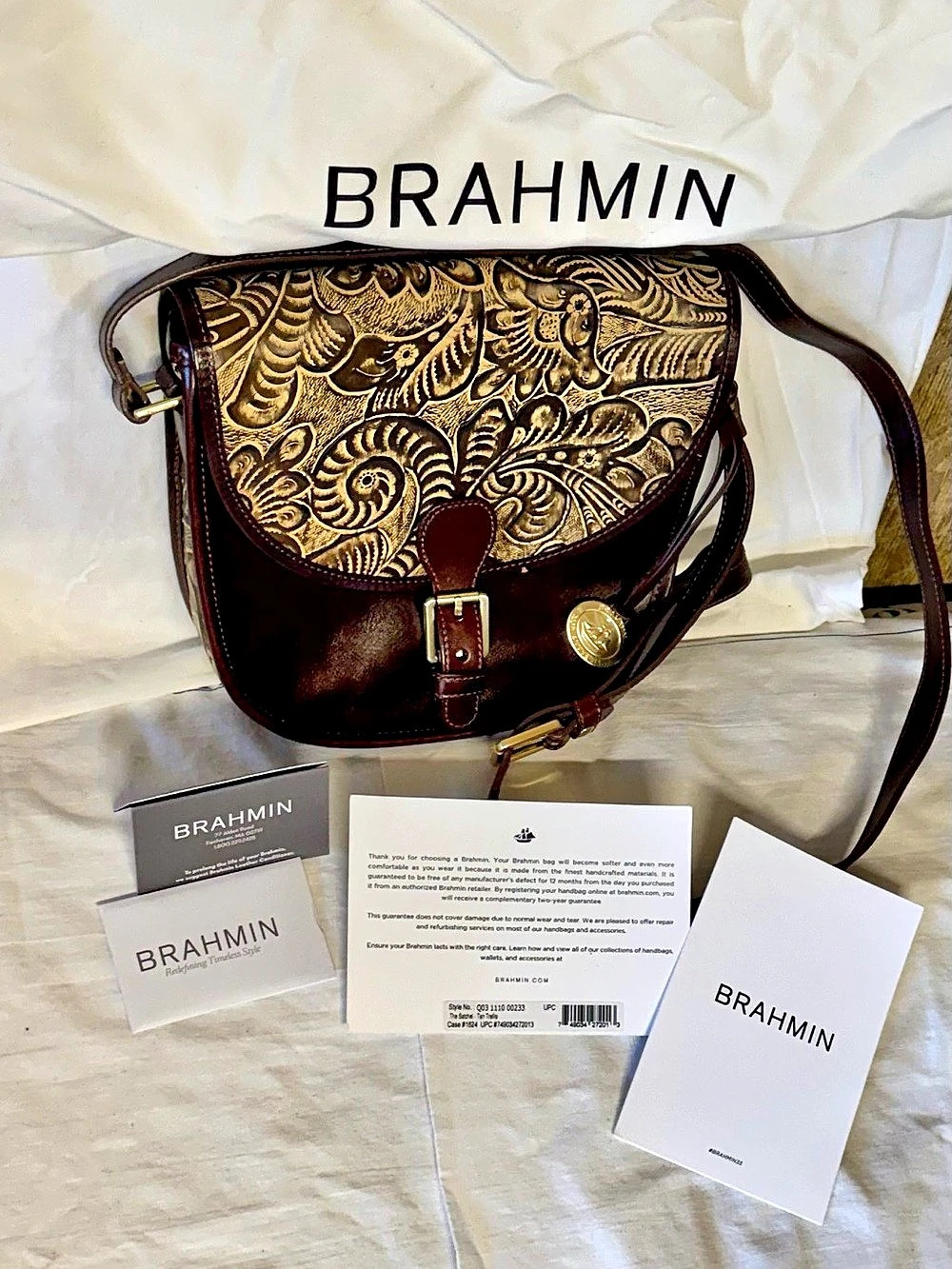 Brahmin Saddle Floral Crossbody in Brown, tan & Gold